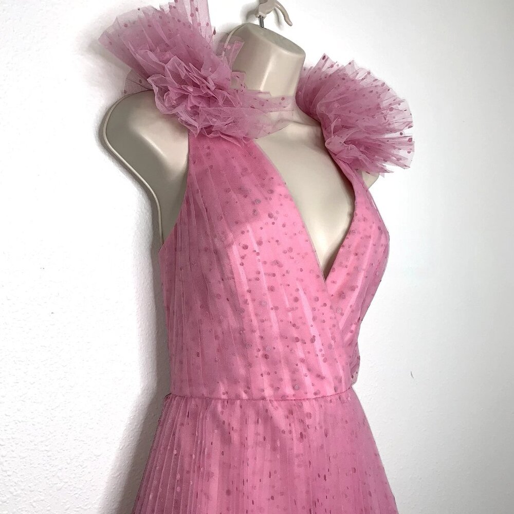 Monique Lhuillier Pink Tiered Tulle Backless V-Neck Mini Dress - Picture 4 of 8